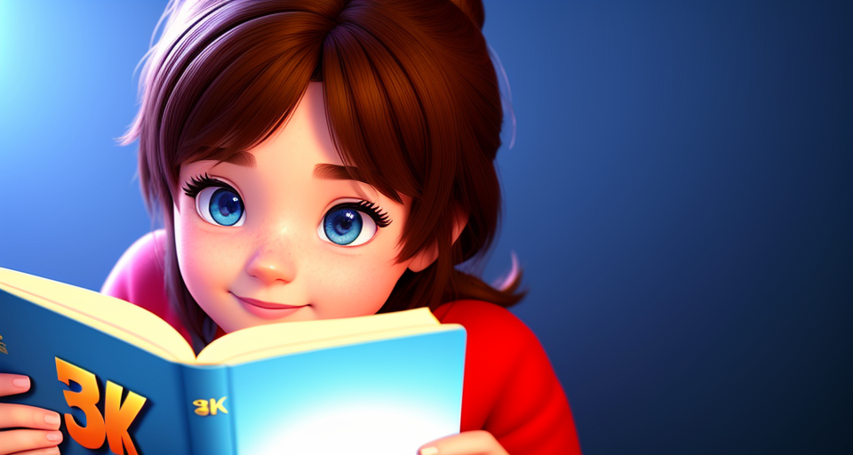 Pixar style, 3d style, Disney style, 8k, Beautiful, una adolescente con anteojos leyendo un libro, 3D style rendered in 8k using, disney movie effect