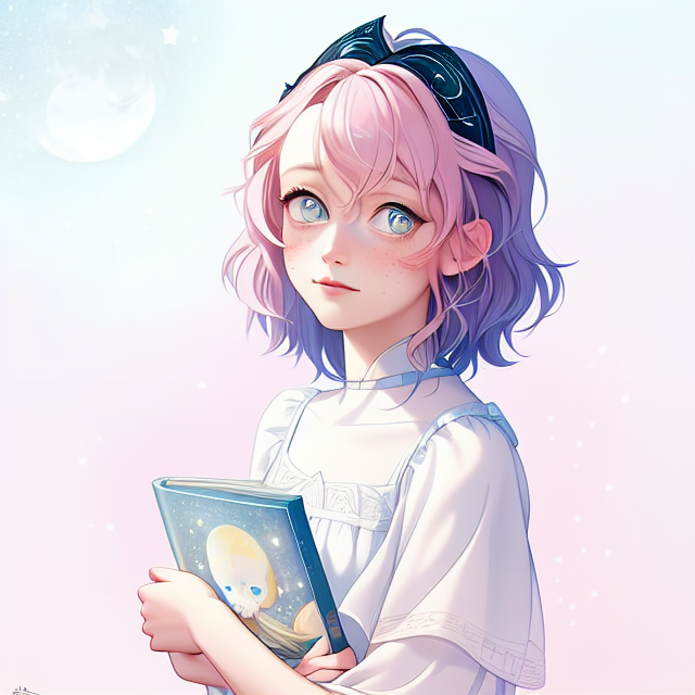 A pale girl with short pastel pink hair,blue eyes, freckles, and pupils shaped like stars, dark night, Bedtime story, starry night with big moon, dreamy fantasy, matte palette, delicate details, by Tracie Grimwood, children book artistic illustration, 8K UHD --v 4, Pixar style, disney style