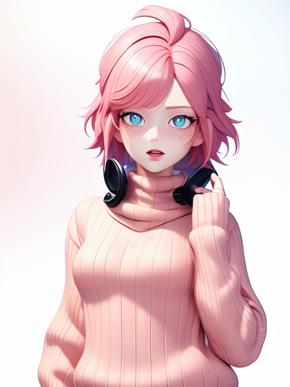 A pale girl with short pastel pink hair,blue eyes, freckles, and pupils shaped like stars, in a pink sweater with a brown striped skirn, Pixar, Disney, concept art, 3d digital art, Maya 3D, ZBrush Central 3D shading, bright colored background, radial gradient background, cinematic, Reimagined by industrial light and magic, 4k resolution post processing, Bangs, in a jungle