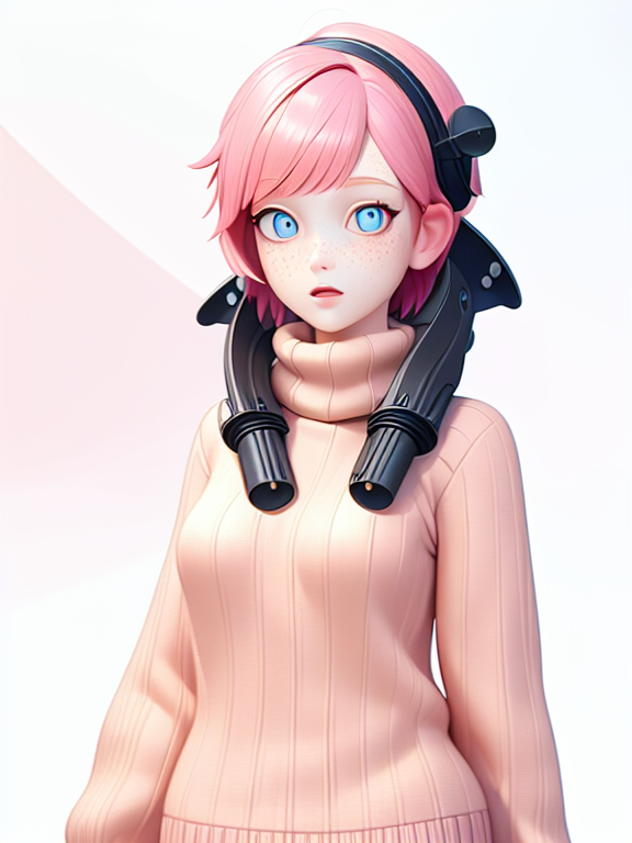 A pale girl with short pastel pink hair,blue eyes, freckles, and pupils shaped like stars, in a pink sweater with a brown striped skirt, Pixar, Disney, concept art, 3d digital art, Maya 3D, ZBrush Central 3D shading, bright colored background, radial gradient background, cinematic, Reimagined by industrial light and magic, 4k resolution post processing, Bangs, in a jungle
