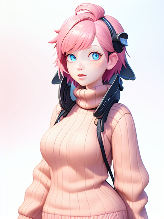 A pale girl with short pastel pink hair, blue eyes shaped like stars, she has freckles and is wearing a pink sweater with a brown striped skirt, Pixar, Disney, concept art, 3d digital art, Maya 3D, ZBrush Central 3D shading, bright colored background, radial gradient background, cinematic, Reimagined by industrial light and magic, 4k resolution post processing, Bangs, in a jungle