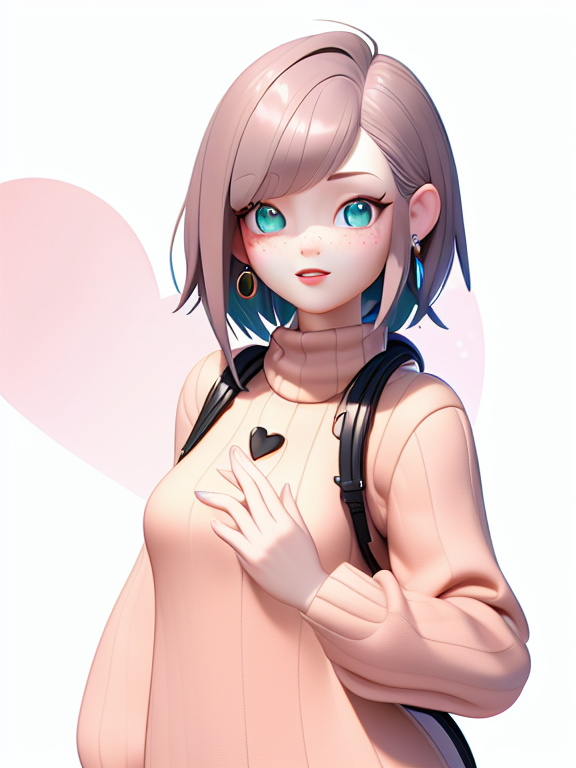 A pale girl with short pastel pink hair that has black tips. She has blue eyes shaped like stars, she has freckles and is wearing a pink sweater with a brown striped skirt and heart earrings , Pixar, Disney, concept art, 3d digital art, Maya 3D, ZBrush Central 3D shading, bright colored background, radial gradient background, cinematic, Reimagined by industrial light and magic, 4k resolution post processing, Bangs, in a jungle