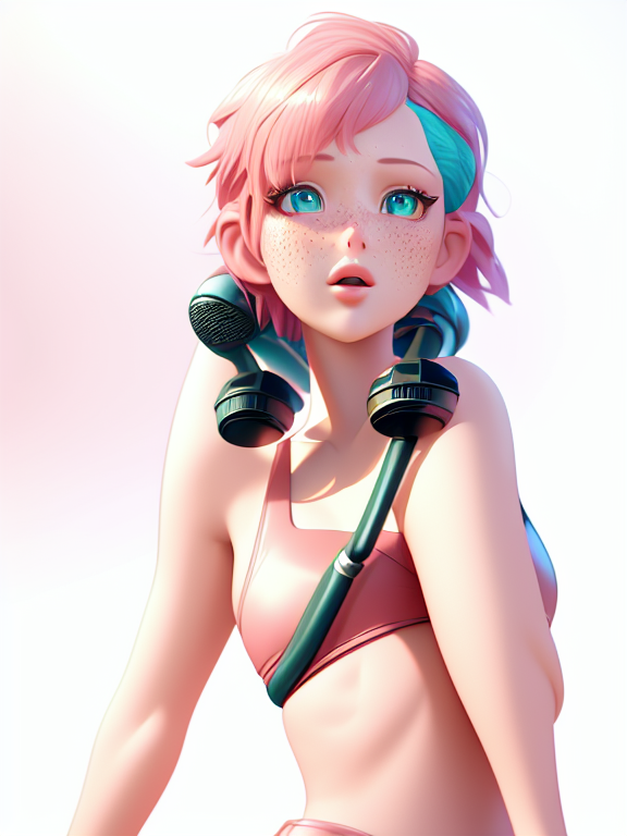 A pale girl with short pastel pink hair. She has blue eyes shaped like stars, she has freckles all over her face. She’s in a pink and green outfit singing on stage, Pixar, Disney, concept art, 3d digital art, Maya 3D, ZBrush Central 3D shading, bright colored background, radial gradient background, cinematic, Reimagined by industrial light and magic, 4k resolution post processing, Bangs, in a jungle