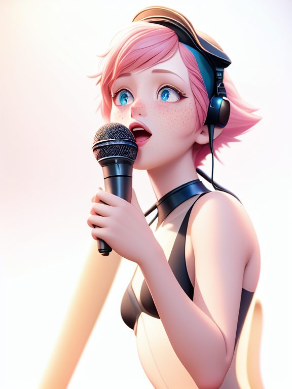 A pale girl with short pastel pink hair. She has blue eyes shaped like stars, she has freckles all over her face. She’s singing on stage, Pixar, Disney, concept art, 3d digital art, Maya 3D, ZBrush Central 3D shading, bright colored background, radial gradient background, cinematic, Reimagined by industrial light and magic, 4k resolution post processing, Bangs, in a jungle
