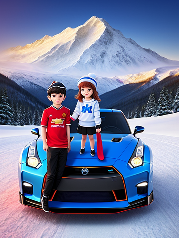 create a 3d image in disney style of a boy and a girl who are in love, they wear same outfit of a blue manchester united football club during winter season. They are leaning on the bonet of a nissan gtr sport car with headlight on facing the mountain with snow. They are staring at each other with a smile.