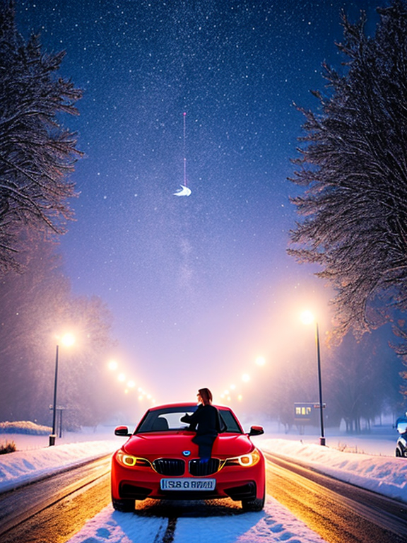 A 3D image of a couple in disney style wearing manchester united jeasey and leaning on a BMW car bonnet with headlight on, with a misty snowy road background.
