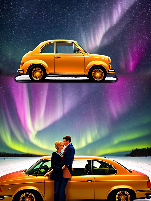 A 3D image of a couple in disney style wearing manchester united jeasey and leaning on a golden BMW car bonnet with headlight on looking up in the sky painted with bright stars with aurora borealis, with a misty snowy road background.