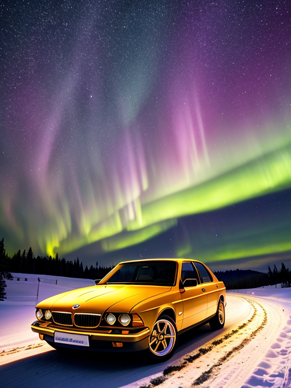 A 3D image of a couple in disney style wearing manchester united jeasey and leaning on a golden BMW car bonnet with headlight on looking up in the sky painted with bright stars with aurora borealis, with a misty snowy road background.