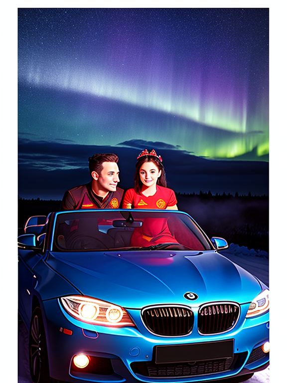 A 3D image of a couple in disney style wearing manchester united jeasey and leaning on a blue BMW car bonnet with headlight on looking up in the sky painted with bright stars with aurora borealis, with a misty snowy road background.