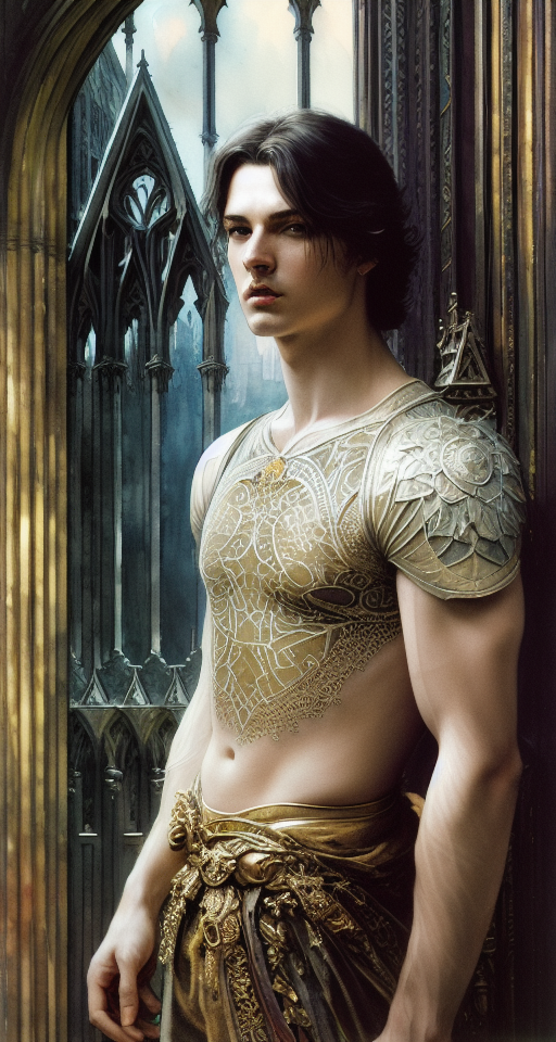 a science fiction augmented human male aristocrat with pale skin posed against a window of a gothic architecture design painted in the style of the renaissance, ethereal background, abstract beauty, approaching perfection, pure form, golden ratio, minimalistic, concept art, by Brian Froud and Carne Griffiths and Wadim Kashin and John William Waterhouse, intricate details, 8k post production, high resolution, hyperdetailed, trending on artstation, sharp focus, studio photo, intricate details, highly detailed, by greg rutkowski, line art watercolor wash, watercolor, drawing art, Porcelain skin color, brushstroke painting technique, drawing art,
