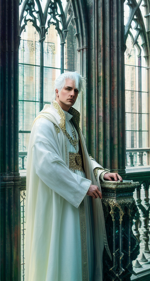 a science fiction augmented human male aristocrat with pale skin, white hair full body posed against a window of a gothic architecture design painted in the style of the renaissance, ethereal background, abstract beauty, approaching perfection, pure form, golden ratio, minimalistic, concept art, by Brian Froud and Carne Griffiths and Wadim Kashin and John William Waterhouse, intricate details, 8k post production, high resolution, hyperdetailed, trending on artstation, sharp focus, studio photo, intricate details, highly detailed, by greg rutkowski, line art watercolor wash, watercolor, drawing art, Porcelain skin color, brushstroke painting technique, drawing art,