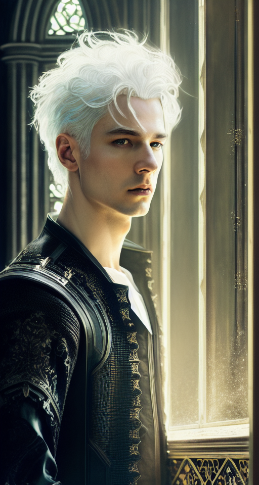 a science fiction augmented human male aristocrat with pale skin, white hair posed against a window of a gothic architecture design painted in the style of the renaissance, ethereal background, abstract beauty, approaching perfection, pure form, golden ratio, minimalistic, concept art, by Brian Froud and Carne Griffiths and Wadim Kashin and John William Waterhouse, intricate details, 8k post production, high resolution, hyperdetailed, trending on artstation, sharp focus, studio photo, intricate details, highly detailed, by greg rutkowski, line art watercolor wash, watercolor, drawing art, Porcelain skin color, brushstroke painting technique, drawing art,
