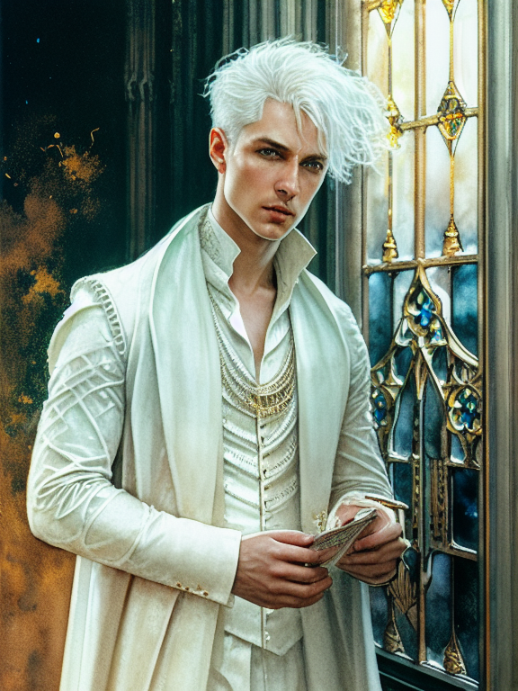 a science fiction augmented human male aristocrat with pale skin, white hair posed against a window of a gothic architecture design painted in the style of the renaissance, ethereal background, abstract beauty, approaching perfection, pure form, golden ratio, minimalistic, concept art, by Brian Froud and Carne Griffiths and Wadim Kashin and John William Waterhouse, intricate details, 8k post production, high resolution, hyperdetailed, trending on artstation, sharp focus, studio photo, intricate details, highly detailed, by greg rutkowski, line art watercolor wash, watercolor, drawing art, Porcelain skin color, brushstroke painting technique, drawing art,