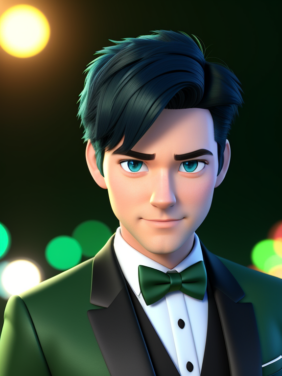 Pixar style, 3d style, Disney style, 8k, Beautiful, white man with short black hair blue eyes in green tuxedo during new years party, 3D style rendered in 8k using, disney movie effect