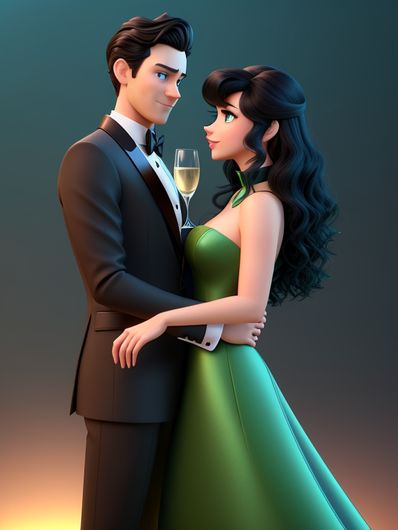 Pixar style, 3d style, Disney style, 8k, Beautiful, black haired, blue eyed man 190cm tall with green tuxedo holding a glass of champagne standing together with 170cm tall blue eyed brown mid length wavy hair woman in green dress. full size picture, 3D style rendered in 8k using, disney movie effect