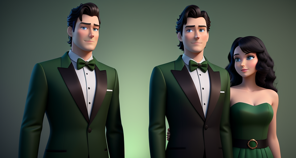 Pixar style, 3d style, Disney style, 8k, Beautiful, black haired, blue eyed man 190cm tall with green tuxedo standing together with 170cm tall blue eyed, mid length wavy brown hair woman in green dress. full size people, 3D style rendered in 8k using, disney movie effect