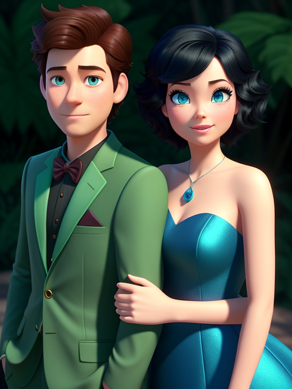 Pixar style, 3d style, Disney style, 8k, Beautiful, full size couple. man - short black hair, blue eyes, green tuxedo. woman - brown wavy longer hair, blue eyes, green dress, 3D style rendered in 8k using, disney movie effect