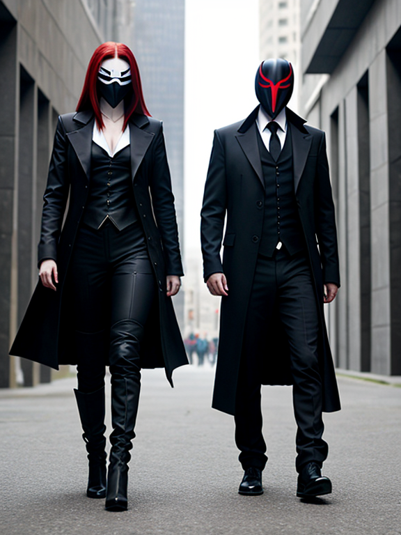 Vendetta male and female with vendetta mask, james Mc Teigue movie dark background,  dark outfit cyber style, 