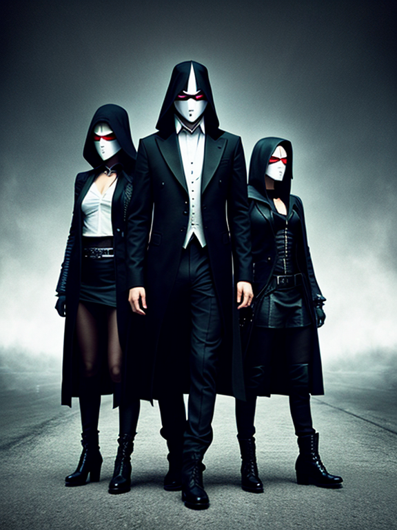 Vendetta male and two females female with vendetta mask, james Mc Teigue movie dark background, dark outfit cyber style,