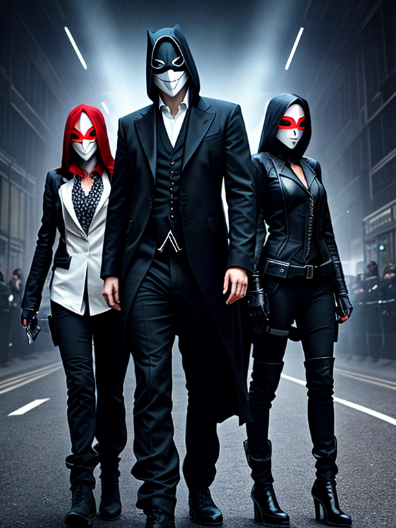 Vendetta male and two females female with vendetta mask, james Mc Teigue movie dark background, dark outfit cyber style,