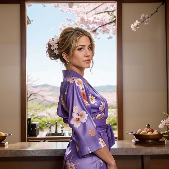 a photo of a beautiful, cute, Jennifer Aniston wears a purple floral kimono,Perry went all the way with borrowing from Japanese culture, writes Vulture: “geisha moves … giant fans, cherry blossoms, The Great Wave off Kanagawa, and much more, standing behind the counter, blue eyes, shiny skin, freckles, detailed skin, price labels, a masterpiece