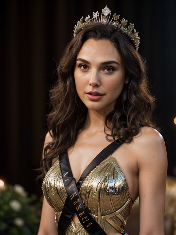 epiCRealism, Gal Gadot in style when crowned Miss Israel, full shot, deep photo, depth of field, Superia 400, bokeh, realistic lighting, professional colorgraded, a male