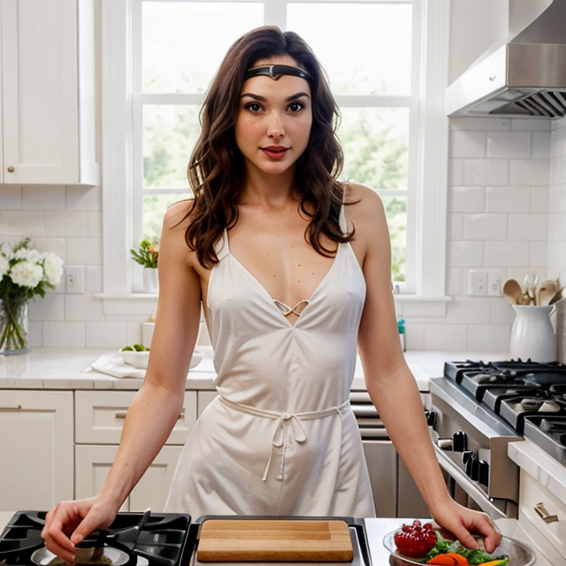 a photo of a beautiful, cute, Gal Gadot cooking in the kitchen Actress Gal Gadot, kitchen, white pajamas, long curly hair, standing behind the counter, blue eyes, shiny skin, freckles, detailed skin, price labels, a masterpiece
