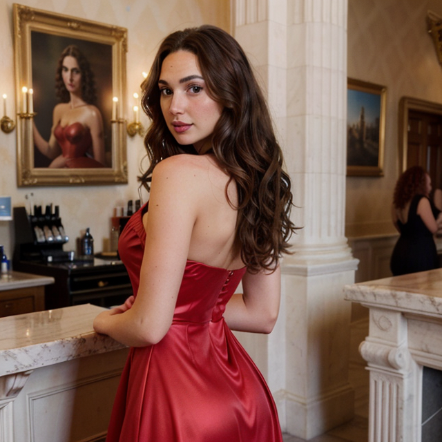 a photo of a beautiful, cute, Gal Gadot red dress, wear princess, at the crown, palace, long curly hair.  , standing behind the counter, blue eyes, shiny skin, freckles, detailed skin, price labels, a masterpiece