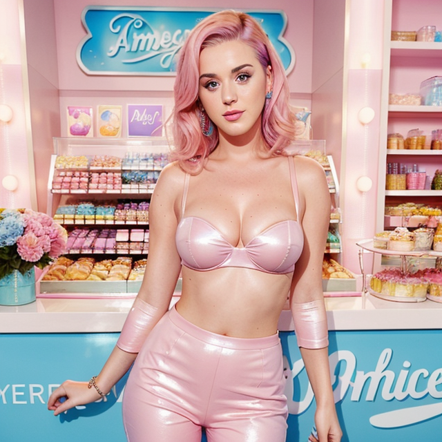 a photo of a beautiful, cute, Katy Perry is precious in pastel pink as she rings in the third season of American Idol  , full clothes, standing behind the counter, blue eyes, shiny skin, freckles, detailed skin, price labels, a masterpiece
