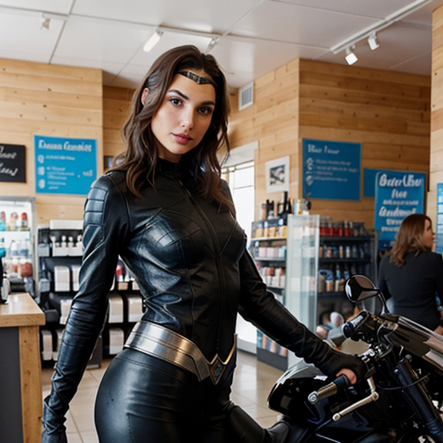 a photo of a beautiful, cute, Gal Gadot Exudes Cool Vibes: A Stylish Ride in Black Leather Outfit on a Motorbike ‎, standing behind the counter, blue eyes, shiny skin, freckles, detailed skin, price labels, a masterpiece