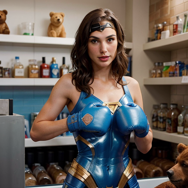 a photo of a beautiful, cute, Gal Gadot boxing with a bear, standing behind the counter, blue eyes, shiny skin, freckles, detailed skin, price labels, a masterpiece