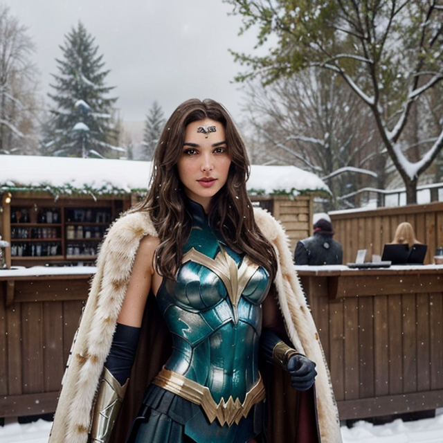 a photo of a beautiful, cute, Gal Gadot wears a brown feathered cape under a snowy sky, surrounded by snow and green trees, standing behind the counter, blue eyes, shiny skin, freckles, detailed skin, price labels, a masterpiece
