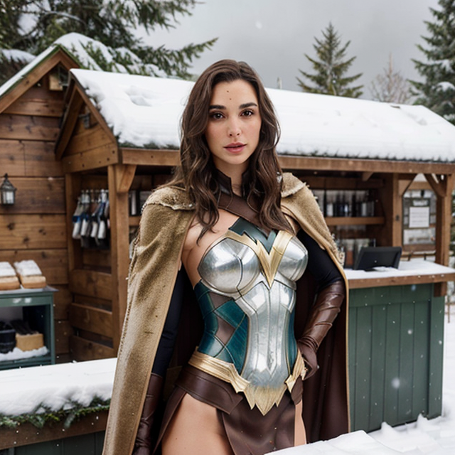 a photo of a beautiful, cute, Gal Gadot wears a brown feathered cape under a snowy sky, surrounded by snow and green trees, standing behind the counter, blue eyes, shiny skin, freckles, detailed skin, price labels, a masterpiece
