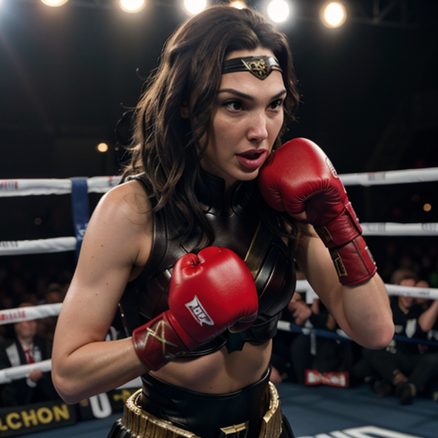 epiCRealism, Gal Gadot wore boxing gloves, everyone around her was cheering and enthusiastic, fighting monsters, full shot, deep photo, depth of field, Superia 400, bokeh, realistic lighting, professional colorgraded, a male