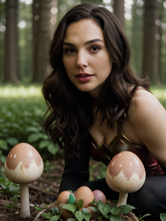 epiCRealism, Gal Gadot in the colorful mushroom world, along with red eggs , full shot, deep photo, depth of field, Superia 400, bokeh, realistic lighting, professional colorgraded, a male