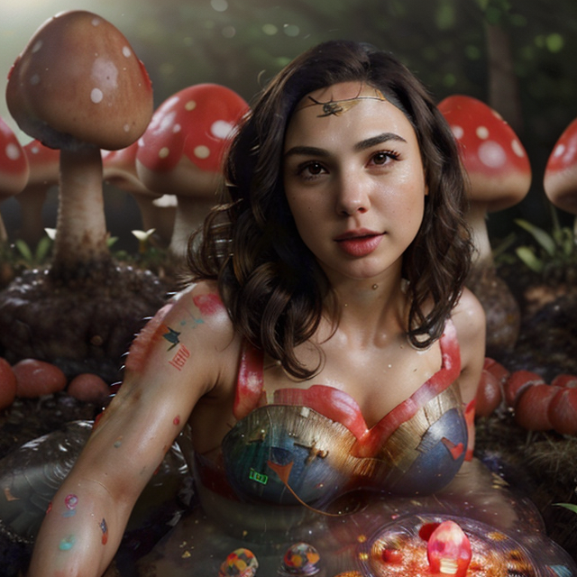 epiCRealism, Gal Gadot in the colorful mushroom world, along with red eggs , full shot, deep photo, depth of field, Superia 400, bokeh, realistic lighting, professional colorgraded, a male