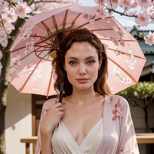 a photo of a beautiful, cute, Angelina Jolie  cute girl, kimono, cherry blossoms, Japan, holding umbrella , Low nose  , standing behind the counter, blue eyes, shiny skin, freckles, detailed skin, price labels, a masterpiece