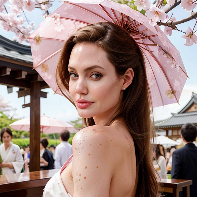 a photo of a beautiful, cute, Angelina Jolie  cute girl, kimono, cherry blossoms, Japan, holding umbrella , Low nose  , standing behind the counter, blue eyes, shiny skin, freckles, detailed skin, price labels, a masterpiece