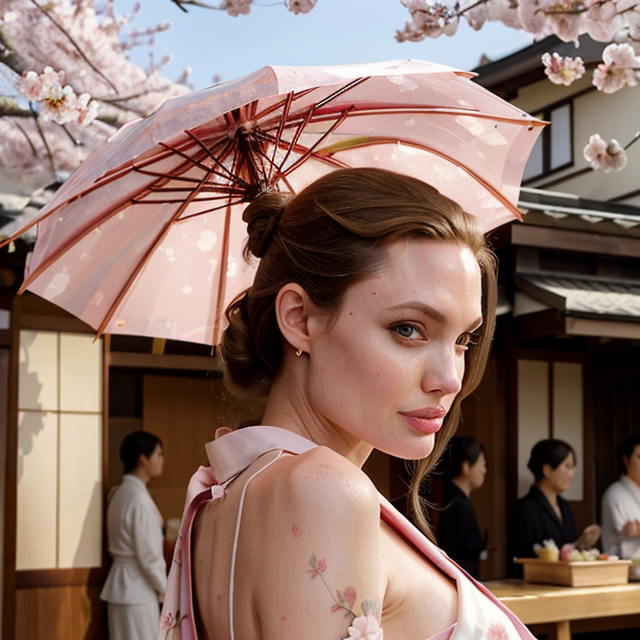 a photo of a beautiful, cute, Angelina Jolie  cute girl, kimono, cherry blossoms, Japan, holding umbrella , Low nose , eat sushi  , standing behind the counter, blue eyes, shiny skin, freckles, detailed skin, price labels, a masterpiece
