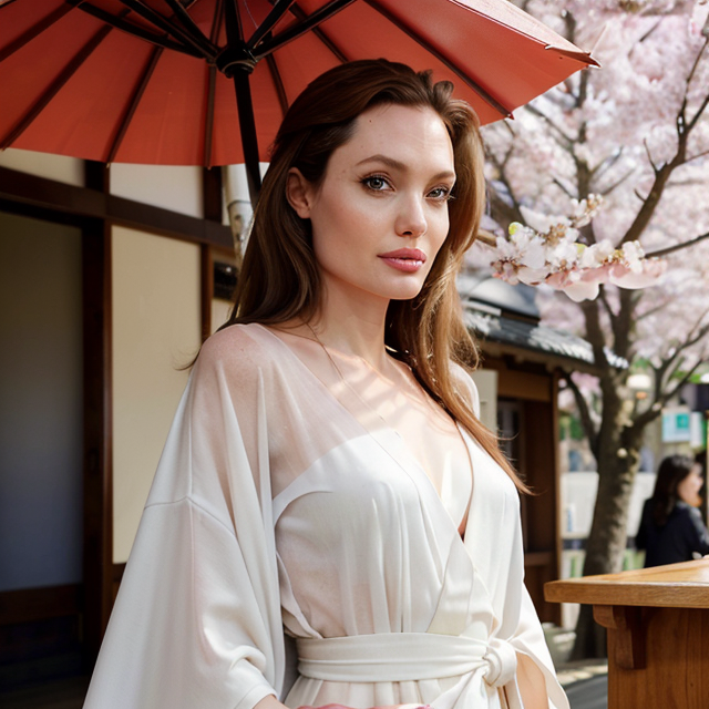 a photo of a beautiful, cute, Angelina Jolie  cute girl, kimono, cherry blossoms, Japan, holding umbrella , Low nose , eat sushi  , standing behind the counter, blue eyes, shiny skin, freckles, detailed skin, price labels, a masterpiece