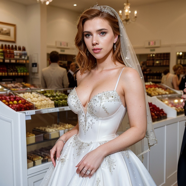 a photo of a beautiful, cute, Scarlett Johansson, stuns in a VERY extravagant embellished bridal ballgown and veil as she films wedding scene , full clothes, standing behind the counter, blue eyes, shiny skin, freckles, detailed skin, price labels, a masterpiece