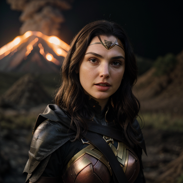 epiCRealism, Gal Gadot explores volcanoes in a witch costume, , full shot, deep photo, depth of field, Superia 400, bokeh, realistic lighting, professional colorgraded, a male