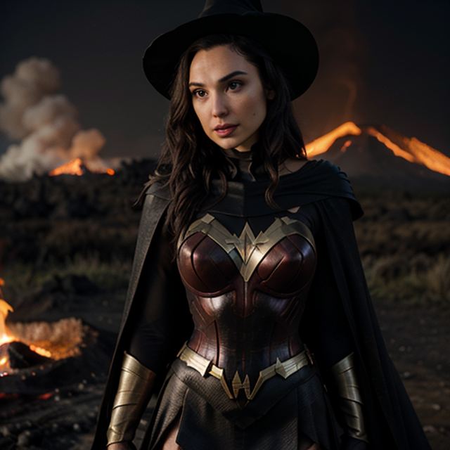 epiCRealism, Gal Gadot explores volcanoes in a witch costume, , full shot, deep photo, depth of field, Superia 400, bokeh, realistic lighting, professional colorgraded, a male
