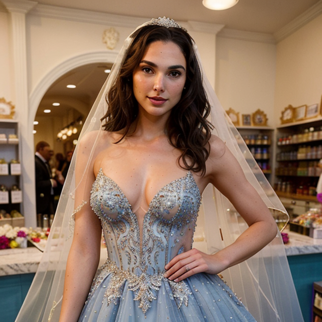 a photo of a beautiful, cute, Gal Gadot, stuns in a VERY extravagant embellished bridal ballgown and veil as she films wedding scene, full clothes, standing behind the counter, blue eyes, shiny skin, freckles, detailed skin, price labels, a masterpiece