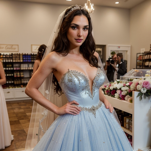 a photo of a beautiful, cute, Gal Gadot, stuns in a VERY extravagant embellished bridal ballgown and veil as she films wedding scene, full clothes, standing behind the counter, blue eyes, shiny skin, freckles, detailed skin, price labels, a masterpiece