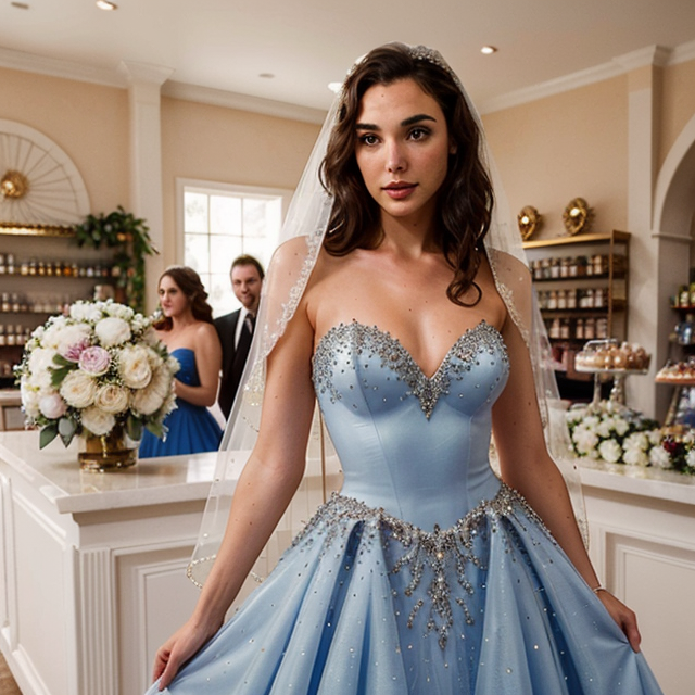 a photo of a beautiful, cute, Gal Gadot, stuns in a VERY extravagant embellished bridal ballgown and veil as she films wedding scene, full clothes, standing behind the counter, blue eyes, shiny skin, freckles, detailed skin, price labels, a masterpiece