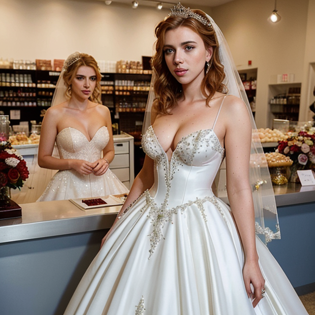 a photo of a beautiful, cute, Scarlett Johansson, stuns in a VERY extravagant embellished bridal ballgown and veil as she films wedding scene, full clothes, standing behind the counter, blue eyes, shiny skin, freckles, detailed skin, price labels, a masterpiece