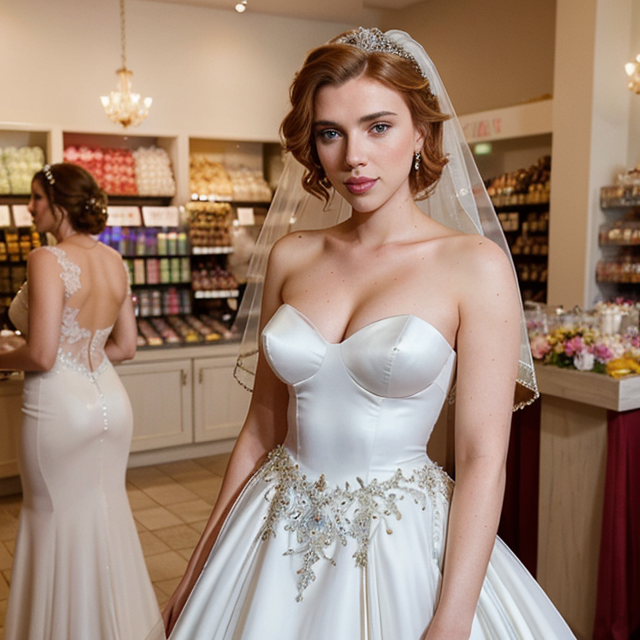 a photo of a beautiful, cute, Scarlett Johansson, stuns in a VERY extravagant embellished bridal ballgown and veil as she films wedding scene, full clothes, standing behind the counter, blue eyes, shiny skin, freckles, detailed skin, price labels, a masterpiece