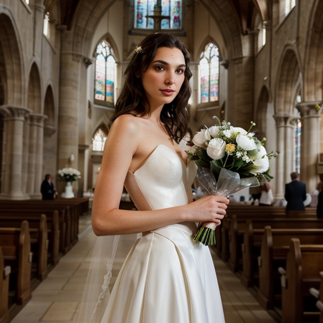 a photo of a beautiful, cute, Gal Gadot dressed as a bride stood in front of the church holding a bouquet of flowers, standing behind the counter, blue eyes, shiny skin, freckles, detailed skin, price labels, a masterpiece
