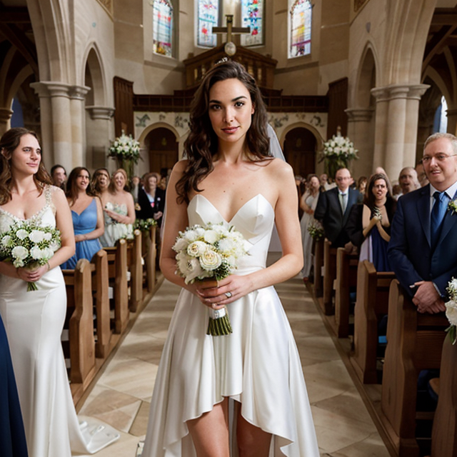 a photo of a beautiful, cute, Gal Gadot dressed as a bride stood in front of the church holding a bouquet of flowers, standing behind the counter, blue eyes, shiny skin, freckles, detailed skin, price labels, a masterpiece
